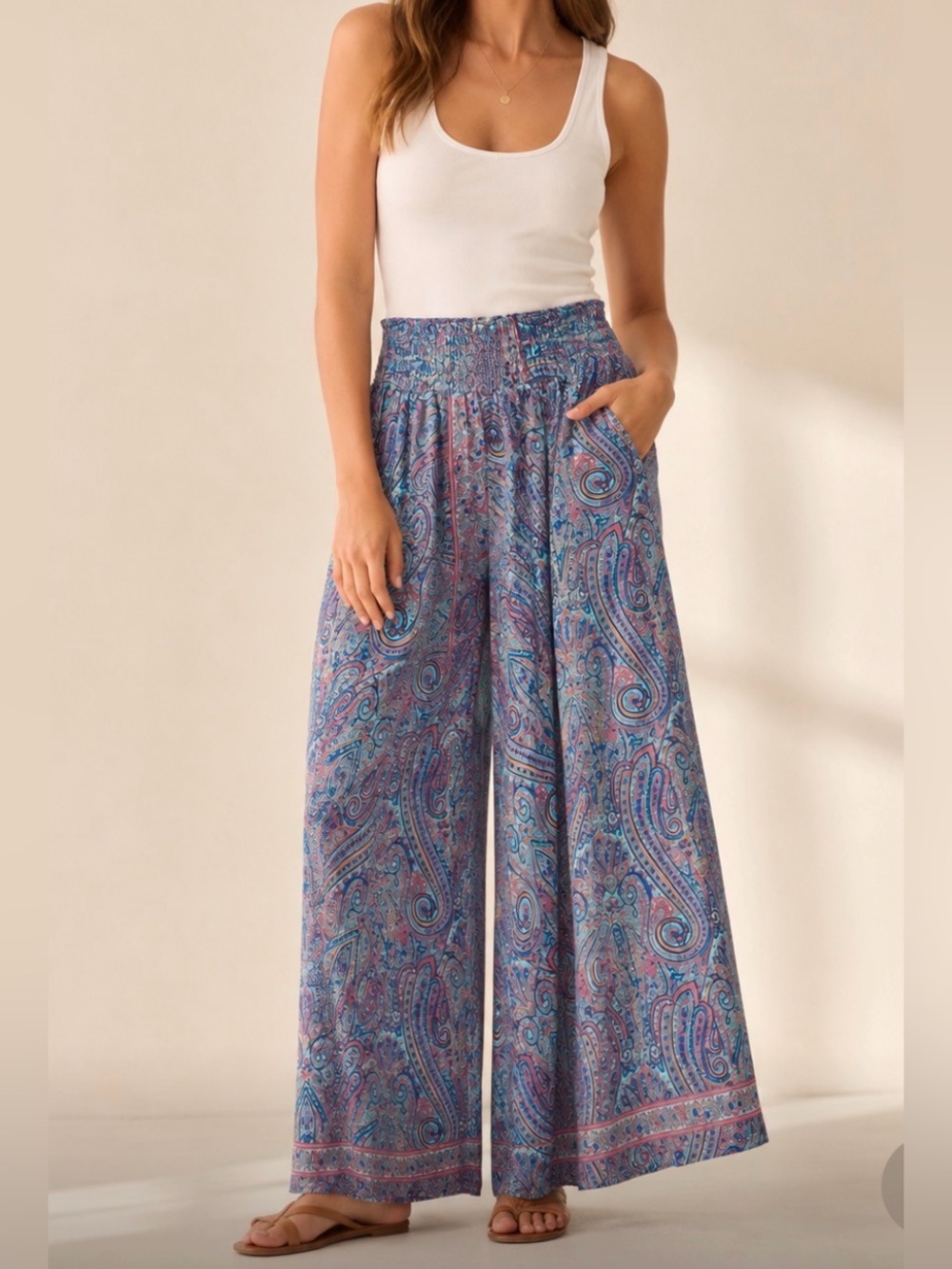 Rhea Smocked Waist Paisley Wide Leg Pants NWT